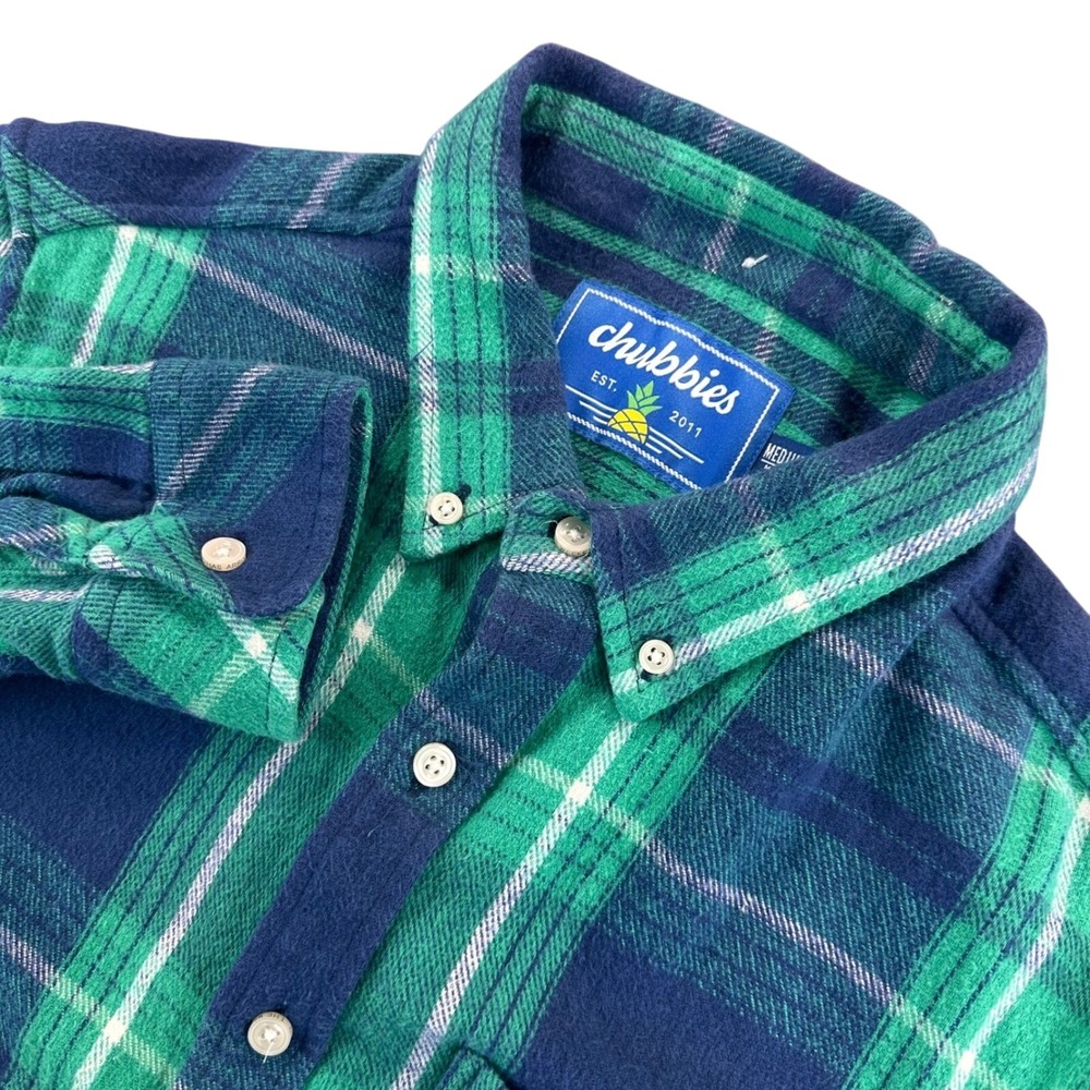 Chubbies Men's M Green Blue Plaid Flannel Button Down Shirt Outdoors Casual Camp